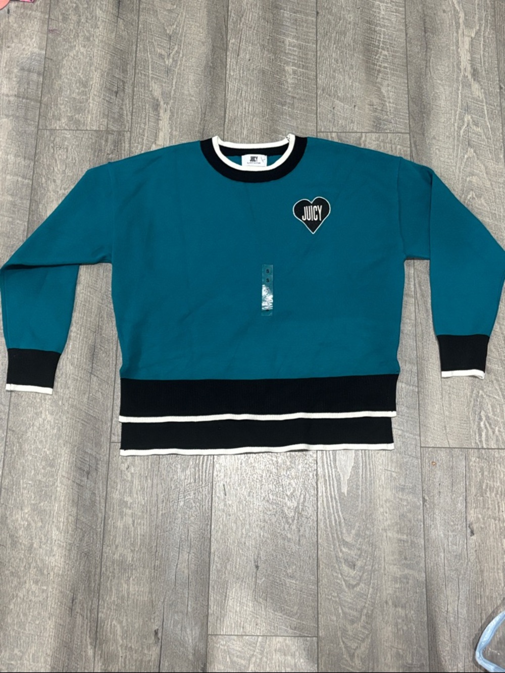 Juicy Couture Teal Crewneck Sweater with Black and White Trim